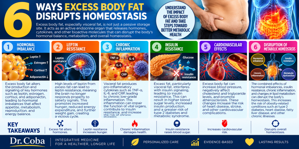 6 ways excess body fat disrupts homeostasis infographic