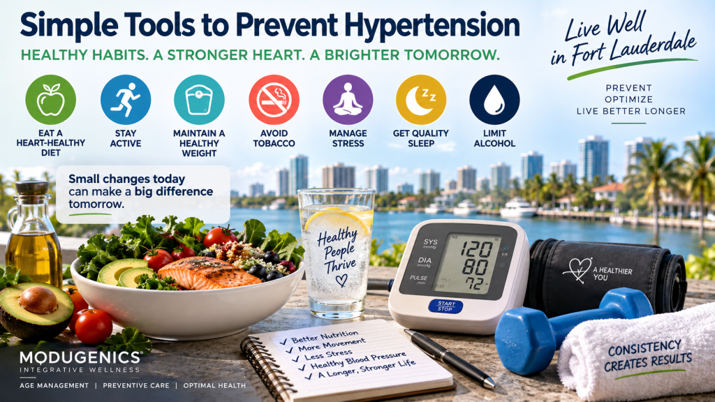 Hypertension prevention Fort Lauderdale with heart-healthy diet, exercise, stress management, healthy weight, quality sleep, and blood pressure monitoring