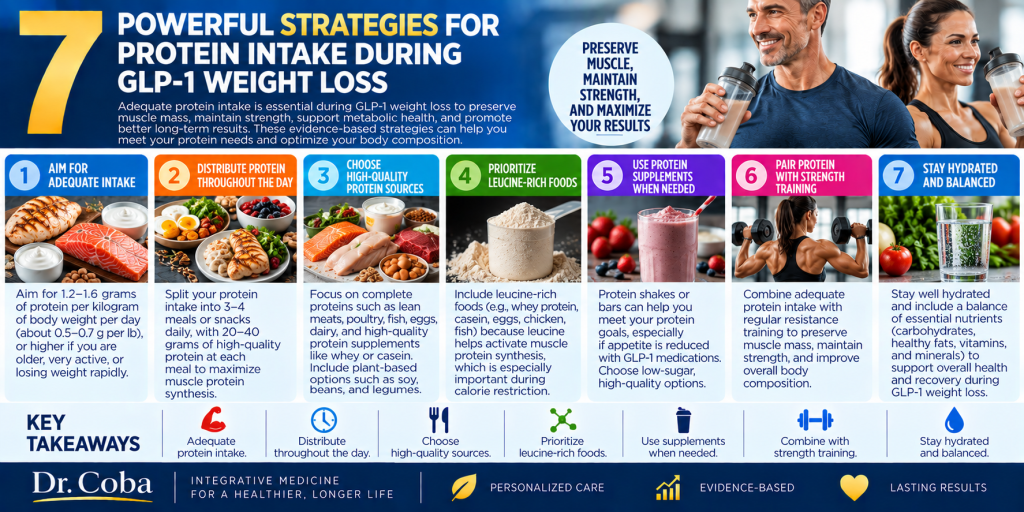 7 protein intake strategies during GLP-1 weight loss infographic