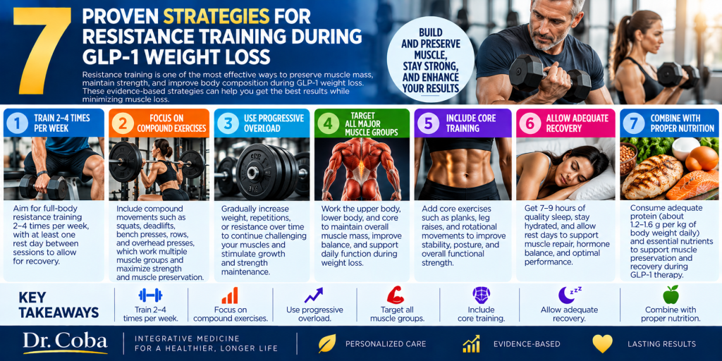 7 resistance training strategies during GLP-1 weight loss infographic