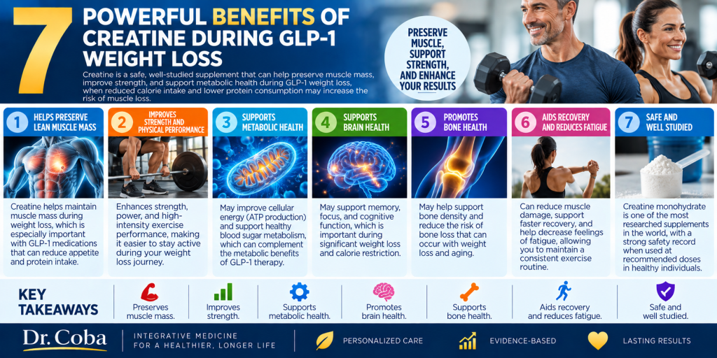 7 benefits of creatine during GLP-1 weight loss infographic