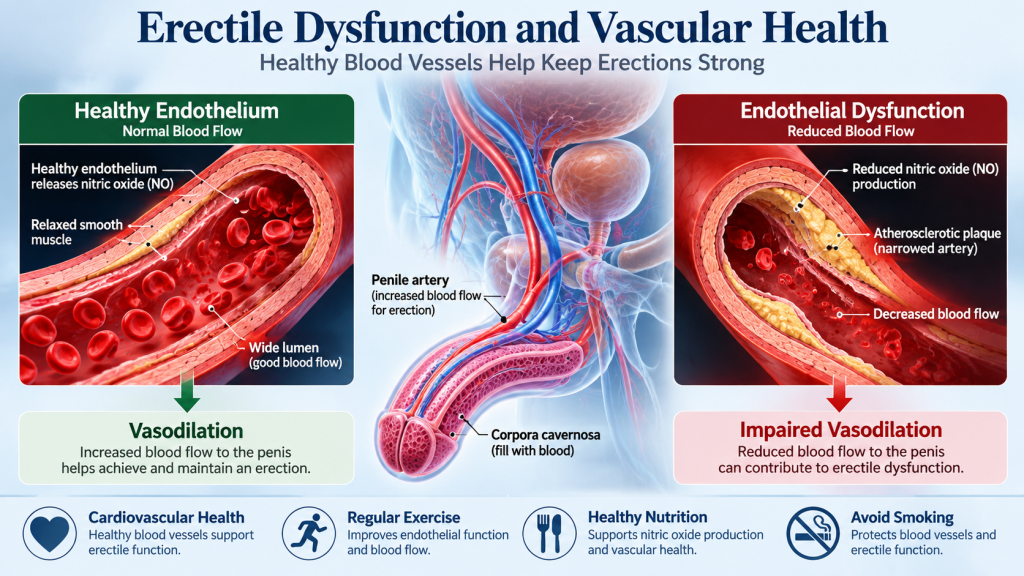 Erectile dysfunction and vascular health illustration showing blood flow and artery health