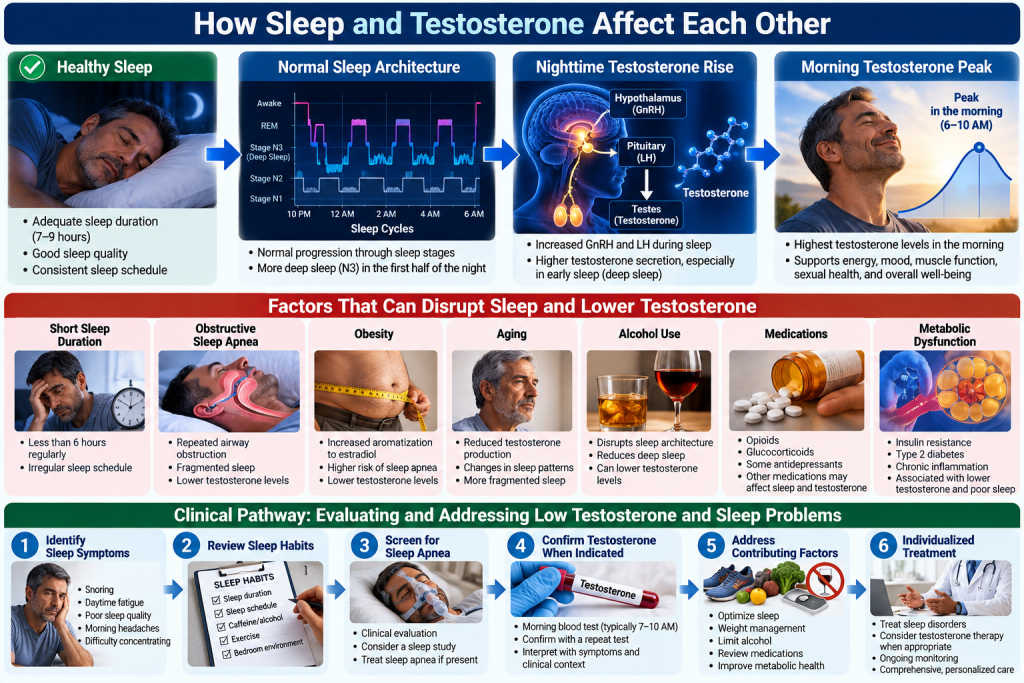 Low testosterone and sleep factors and clinical evaluation infographic