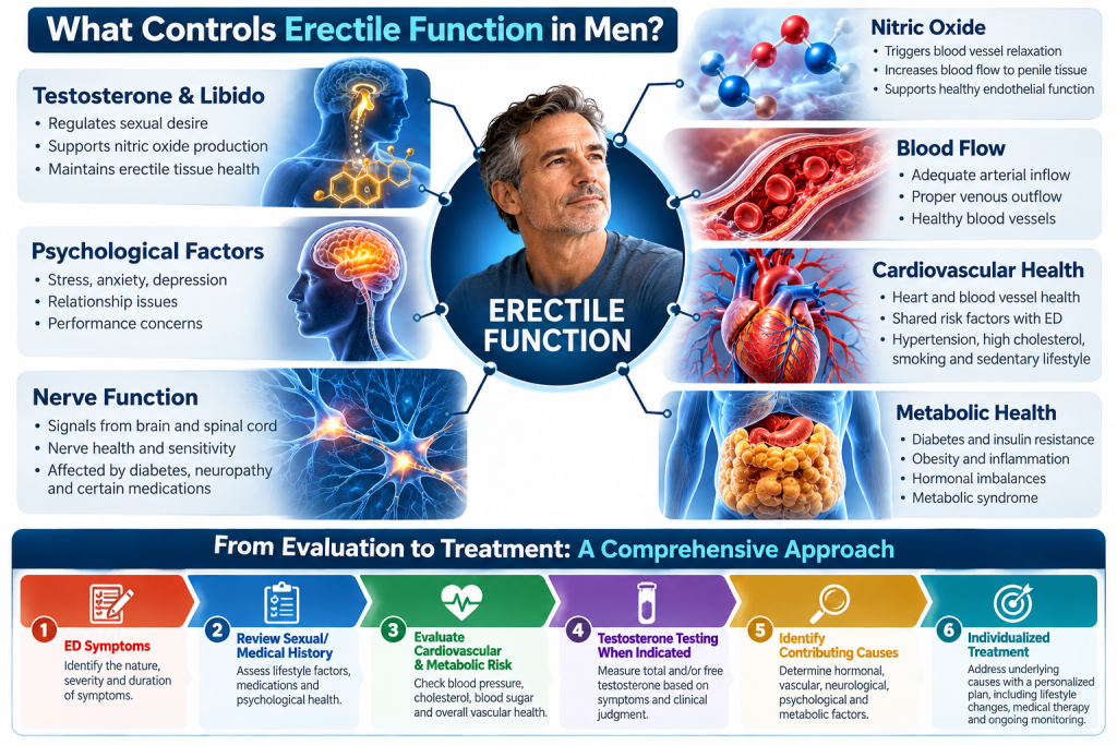Low testosterone and erectile dysfunction factors infographic