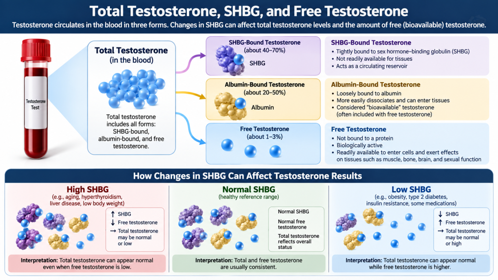 Testosterone testing showing total testosterone free testosterone and SHBG