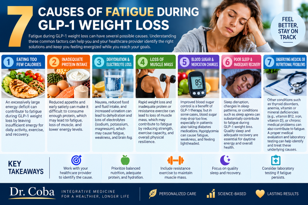 7 causes of fatigue during GLP-1 weight loss infographic